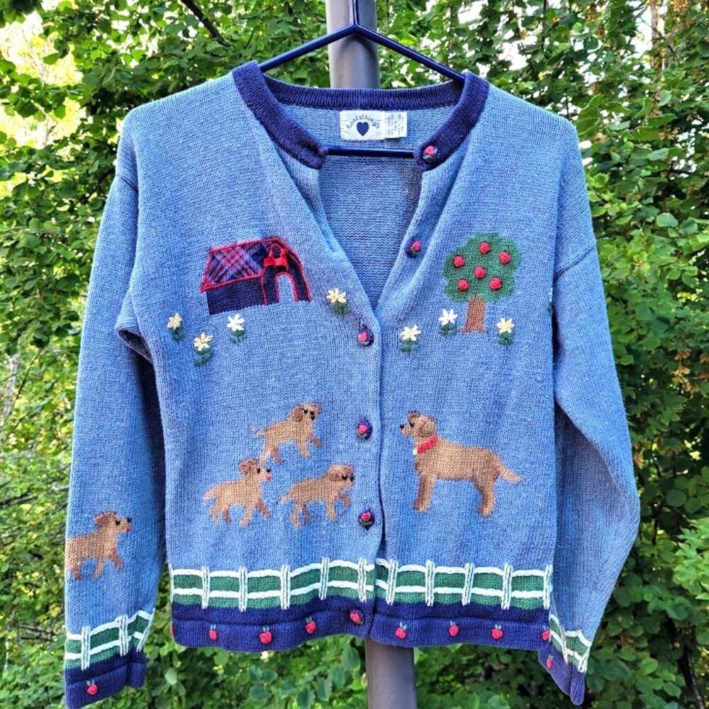 Vintage 90s Cardigan Sweater Blue Dogs Trees Flowers Covered Bridge Fence 14/16